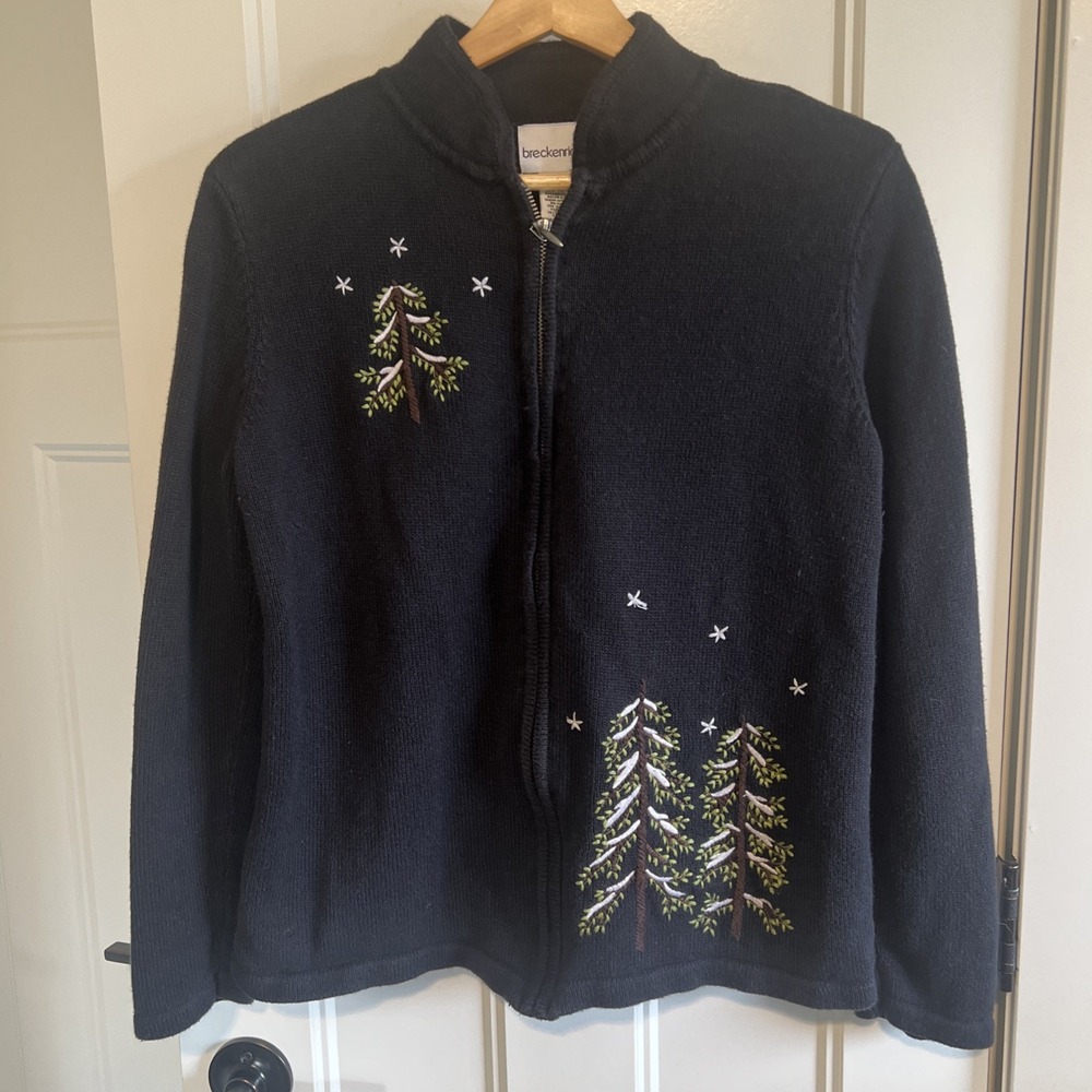 Breckenridge‎ Black Full Zip Embroidered Pine Trees Sweater, Small Womens